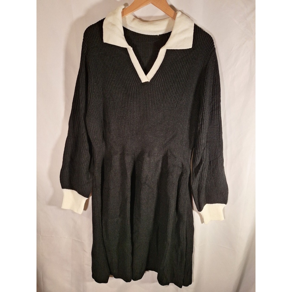 Bloomchic Black Ribbed Polo Sweater Dress White Contrast Collar US 14-16 NEW
